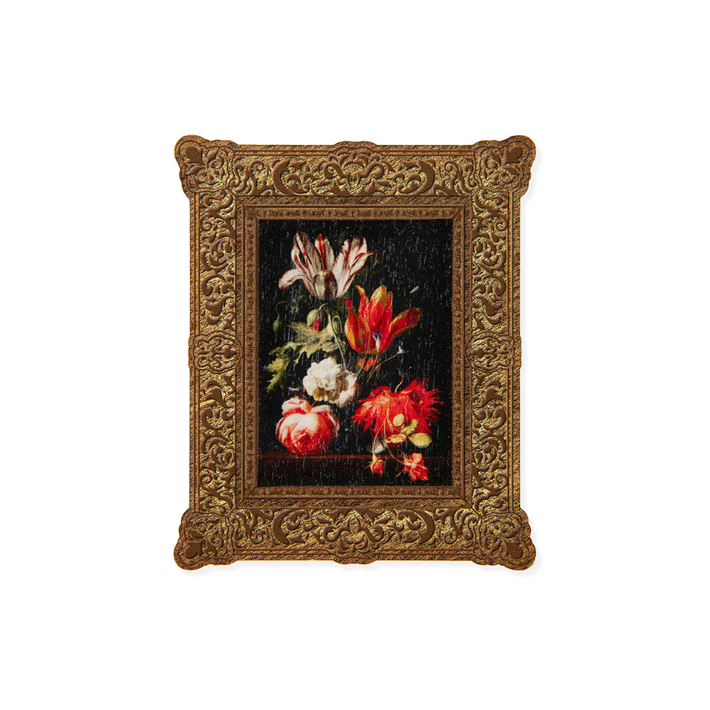 Mini Framed Artwork of a vase of flowers with golden ornate frame on a white background.