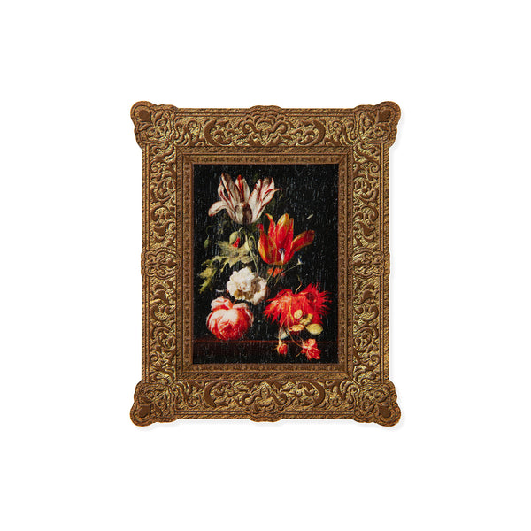 Mini Framed Artwork of a vase of flowers with golden ornate frame on a white background.