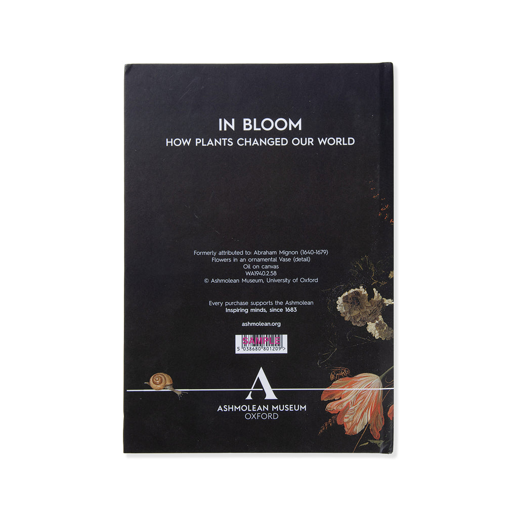 Back cover of black Dutch still life A5 notebook with 'IN BLOOM HOW PLANTS CHANGED OUR WORLD' text and Ashmolean Museum logo print on white background.