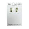 Green patterned porcelain stud earrings on a white Clay Blanca card background