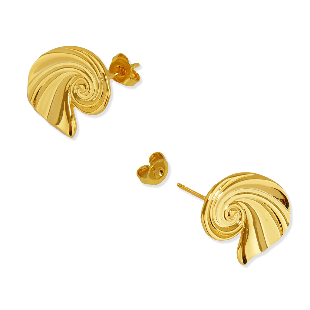A pair of gold stud earrings with a textured, swirling shell-like design, shown on a plain white background with their butterfly backings visible.