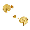 A pair of gold stud earrings with a textured, swirling shell-like design, shown on a plain white background with their butterfly backings visible.