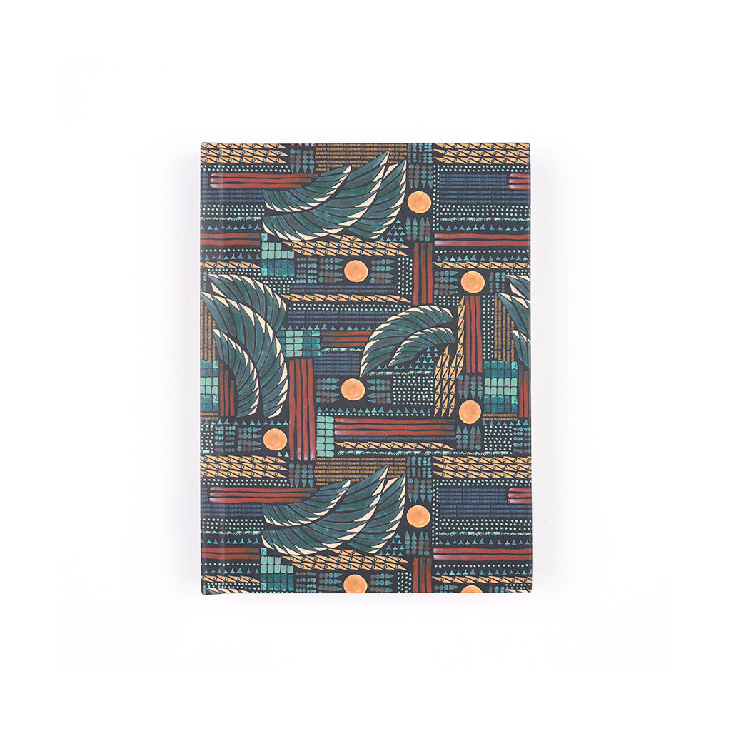 A notebook with a complex geometric and Egyptian-inspired pattern in teal, rust red, beige, and black