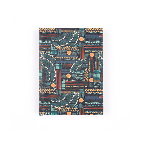 A notebook with a complex geometric and Egyptian-inspired pattern in teal, rust red, beige, and black