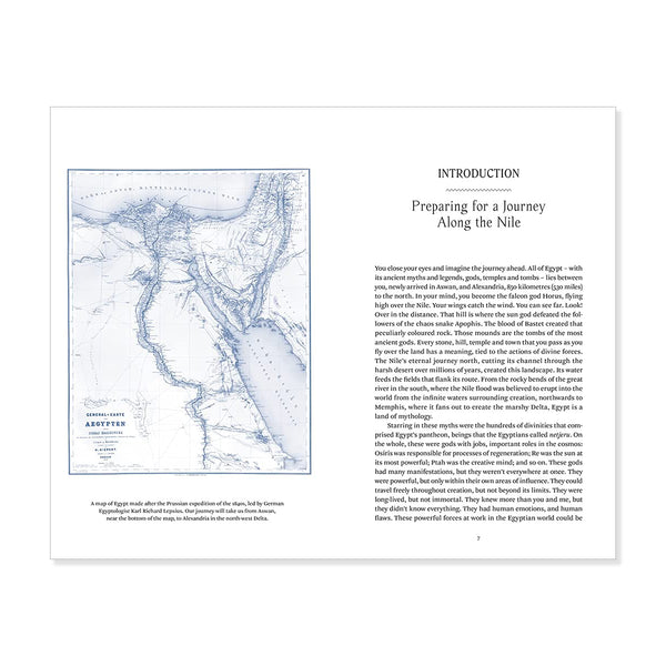 An open book spread showing a blue-toned map of Africa's Nile river on the left page and an introduction text section on the right page, photographed against a plain white background.