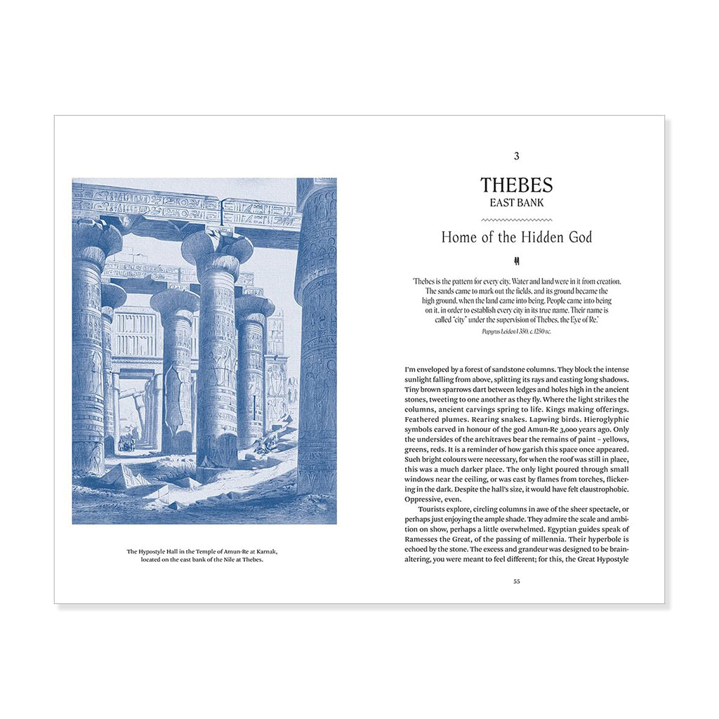 A printed book page spread with a blue architectural illustration on the left and text titled 'THEBES EAST BANK' and 'Home of the Hidden God' on the right, shown against a white background.