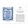 A printed book page spread with a blue architectural illustration on the left and text titled 'THEBES EAST BANK' and 'Home of the Hidden God' on the right, shown against a white background.