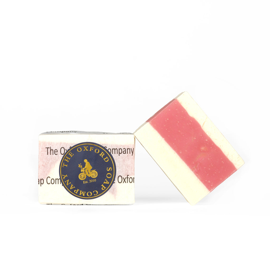 A pink and white bar of soap