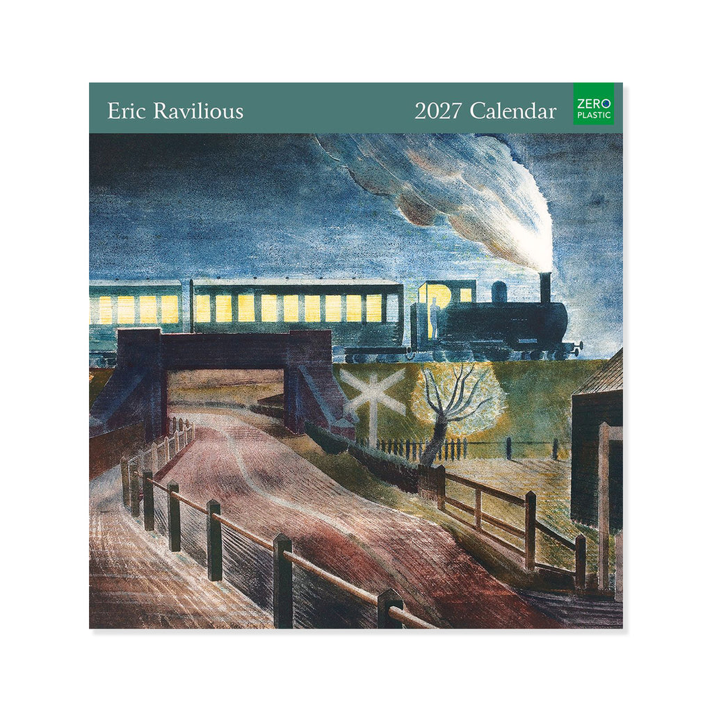 2027 calendar cover with a painting of a train crossing a bridge by Eric Ravilious