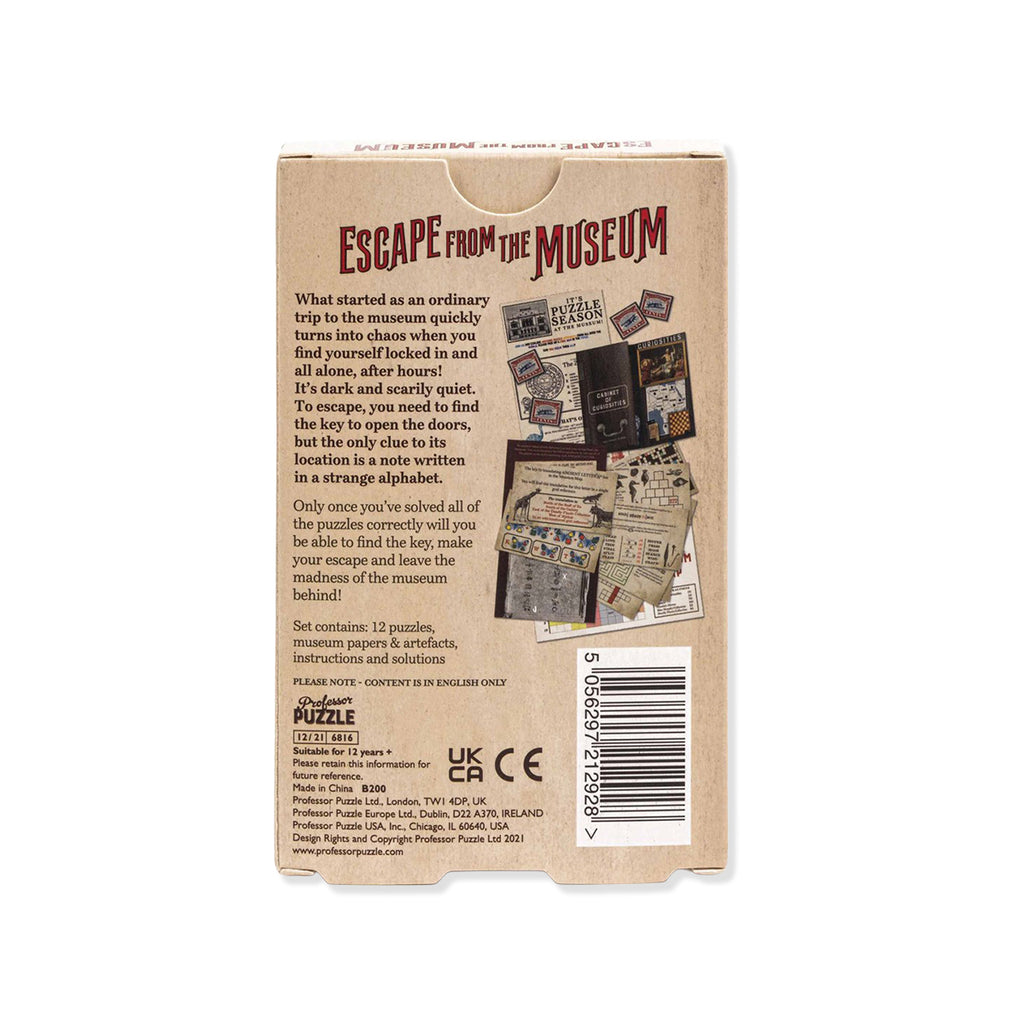 Back of a puzzle packaging with 'Escape from the Museum' text and images.