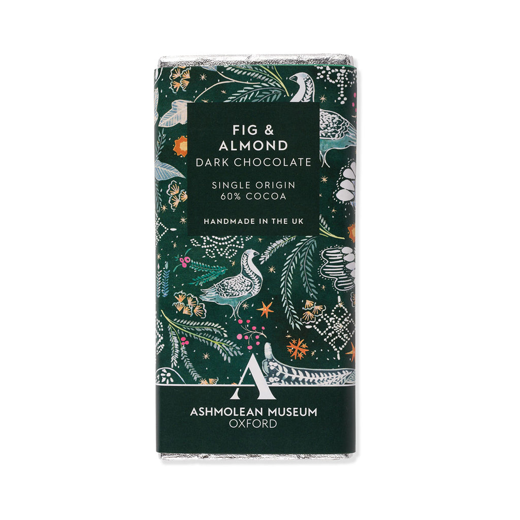Fig and almond flavoured dark chocolate bar packaging with decorative green design and text on a white background
