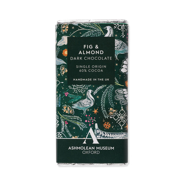 Fig and almond flavoured dark chocolate bar packaging with decorative green design and text on a white background