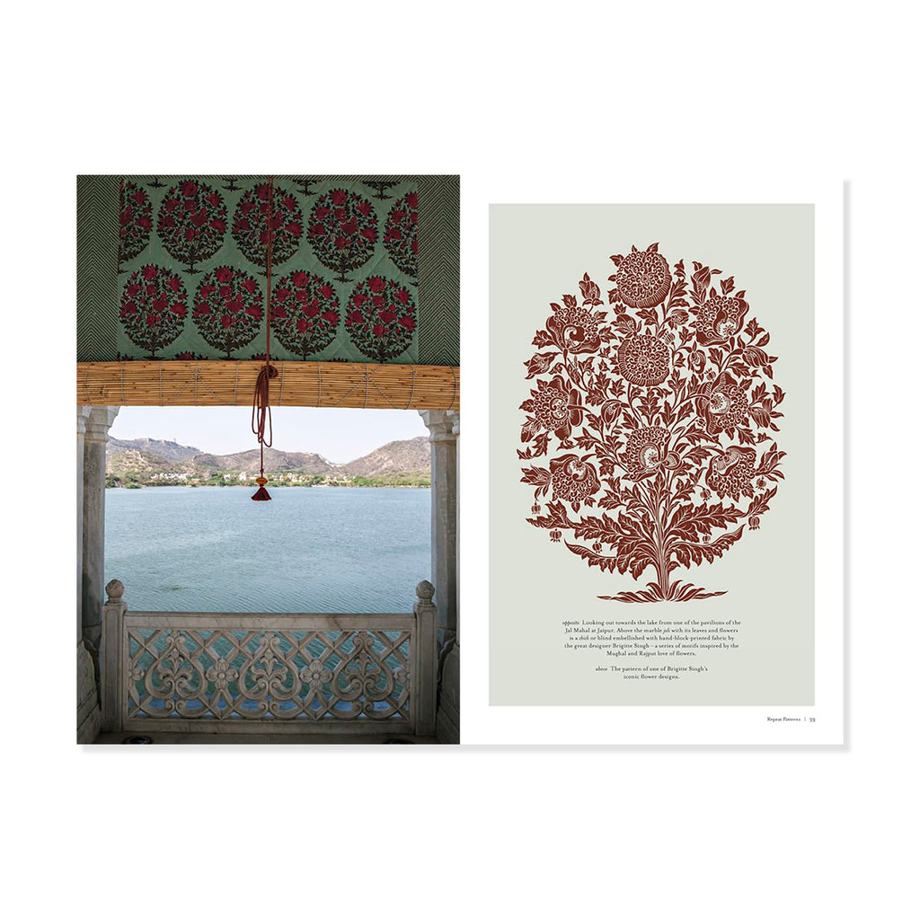 Decorative curtain with floral pattern and scenic view, next to a printed design of a floral pattern.