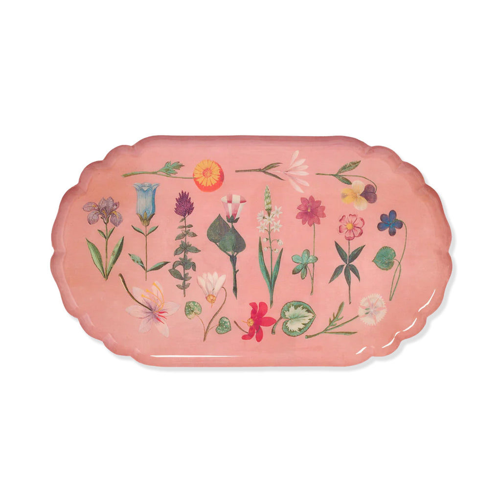 Pink scalloped edged enamel tray with delicate multicolour country flowers printed pattern on a white background.