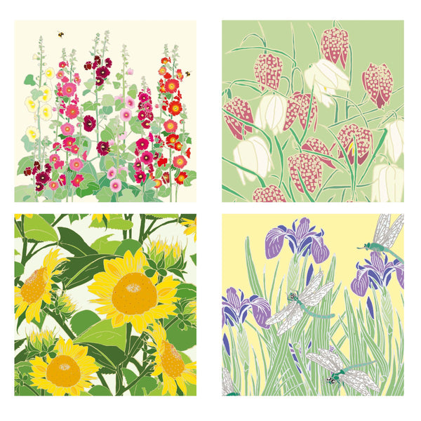 Four floral patterns with sunflowers, flowers, and dragonflies on a white background.