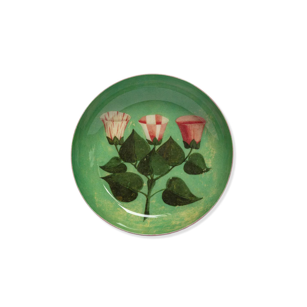 Green enamel round tray with pink and white flower painted design on a white background.