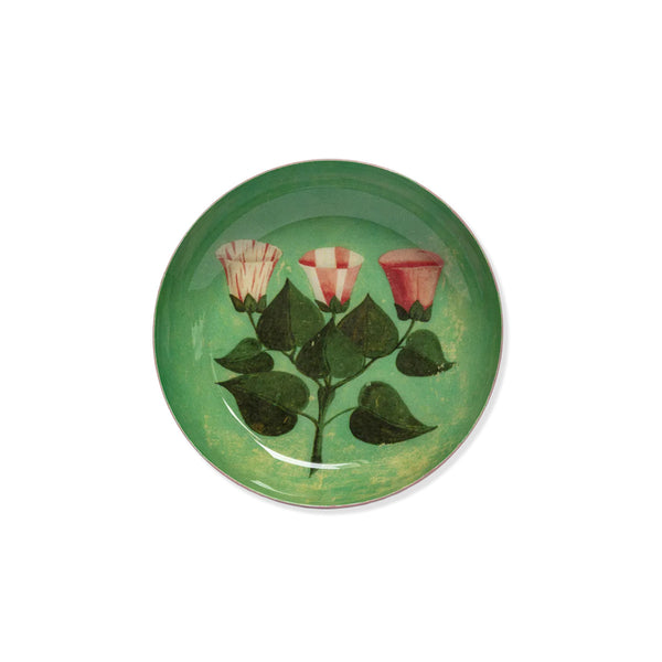 Green enamel round tray with pink and white flower painted design on a white background.
