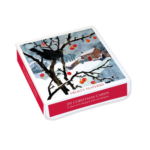 Box of 20 Frosty Feathers Christmas cards with a winter scene design.