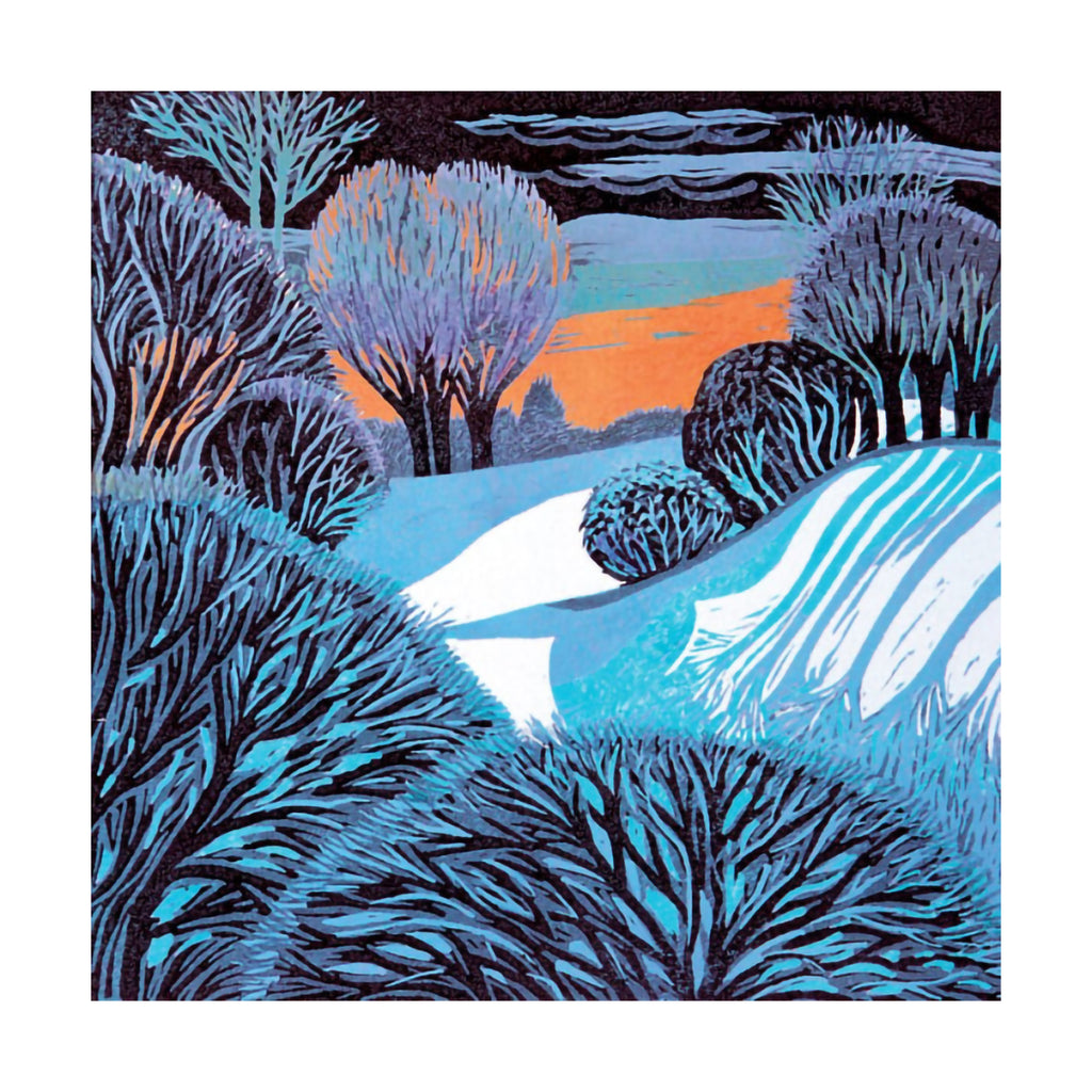 Artistic depiction of a snowy landscape with trees and a sunset.