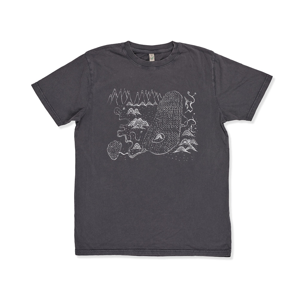 grey t-shirt with white graphic design on a white background