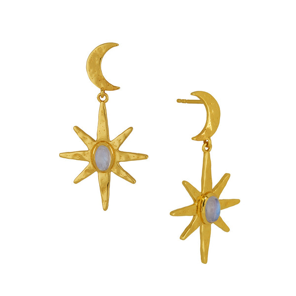 Gold earrings with star and moon designs on a white background