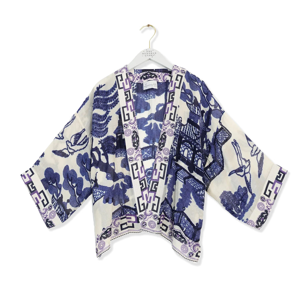 Blue and white patterned kimono on a white background.