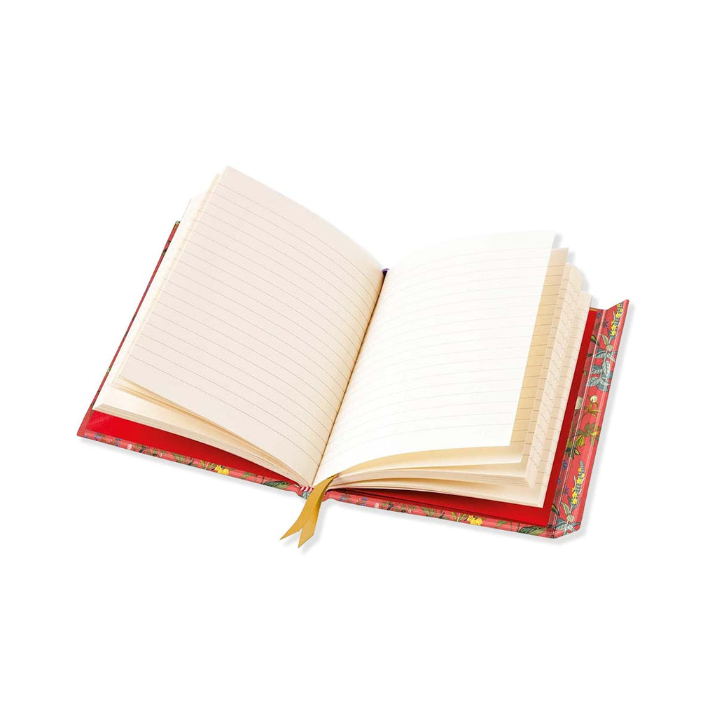Open book with red floral cover on a white background