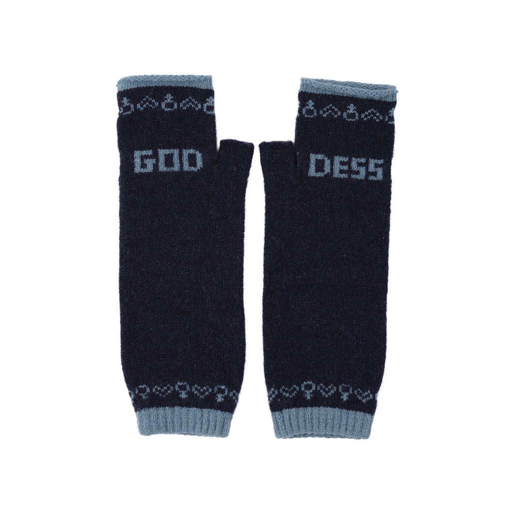 A pair of navy blue knit fingerless gloves with light blue accents, featuring the word 'GOD' on one glove and 'DESS' on the other, along with heart and cup motifs, set against a plain white background.