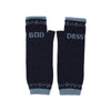 A pair of navy blue knit fingerless gloves with light blue accents, featuring the word 'GOD' on one glove and 'DESS' on the other, along with heart and cup motifs, set against a plain white background.