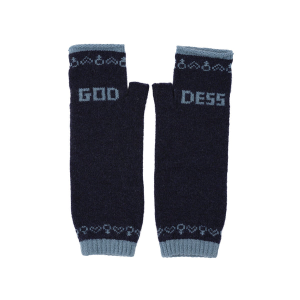 A pair of navy blue knit fingerless gloves with light blue accents, featuring the word 'GOD' on one glove and 'DESS' on the other, along with heart and cup motifs, set against a plain white background.