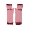 A pair of pink knit fingerless gloves with dark burgundy accents, featuring the word 'GOD' on one glove and 'DESS' on the other, along with heart and cup motifs, set against a plain white background.
