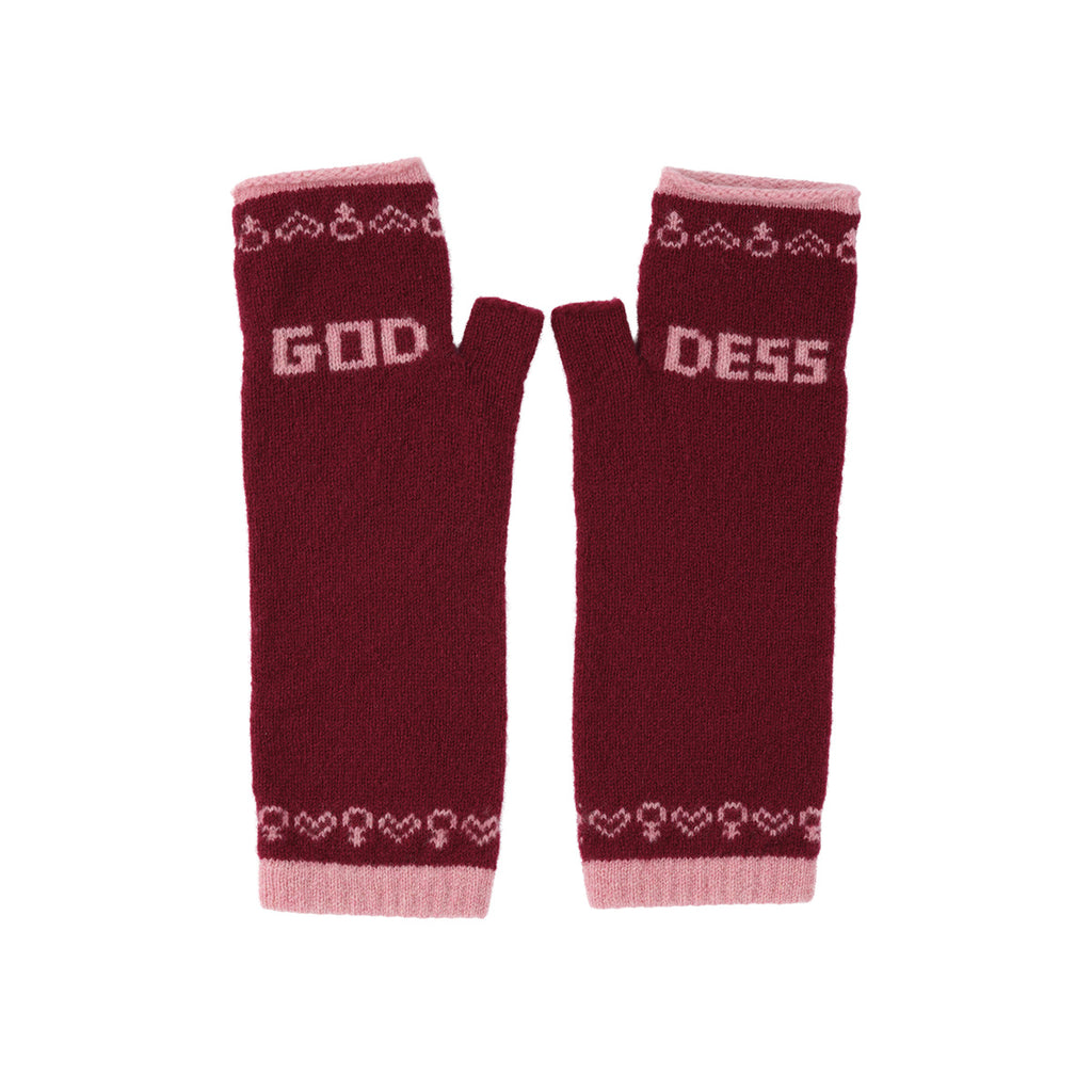 A pair of fingerless knit gloves in burgundy with light pink trim and text reading 'GOD' and 'DESS' on a plain white background.