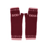 A pair of fingerless knit gloves in burgundy with light pink trim and text reading 'GOD' and 'DESS' on a plain white background.