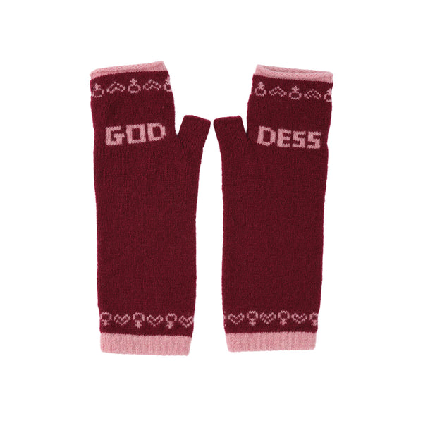 A pair of fingerless knit gloves in burgundy with light pink trim and text reading 'GOD' and 'DESS' on a plain white background.