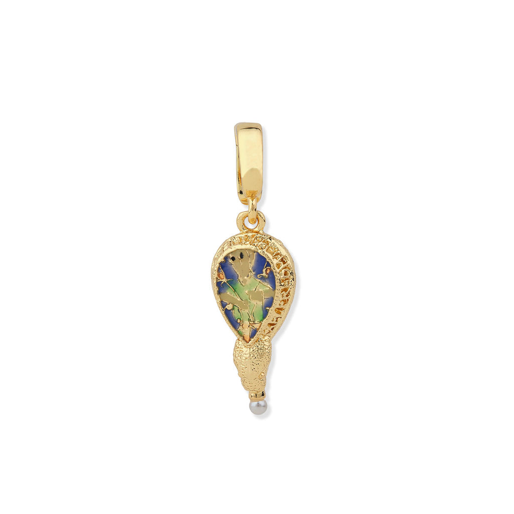 Gold pendant of the Alfred Jewel with a pearl on the bottom on a white background