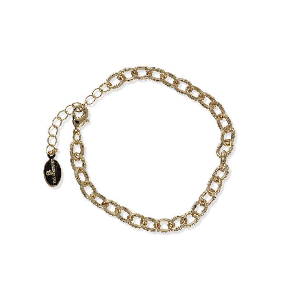 Gold metal charm bracelet on a white background.