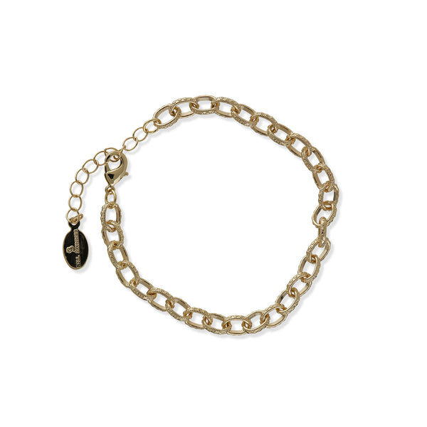 Gold metal charm bracelet on a white background.