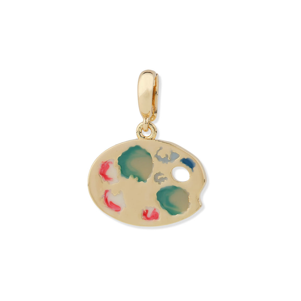 Gold and enamel pendant shaped like a paint palette with colourful design on a white background