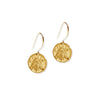 Gold bee-themed earrings on a white background
