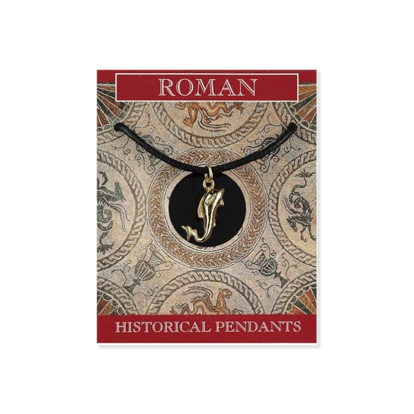 A Roman-themed pendant necklace featuring a gold fish charm on a black cord, presented on a decorative card labeled 'ROMAN HISTORICAL PENDANTS'.