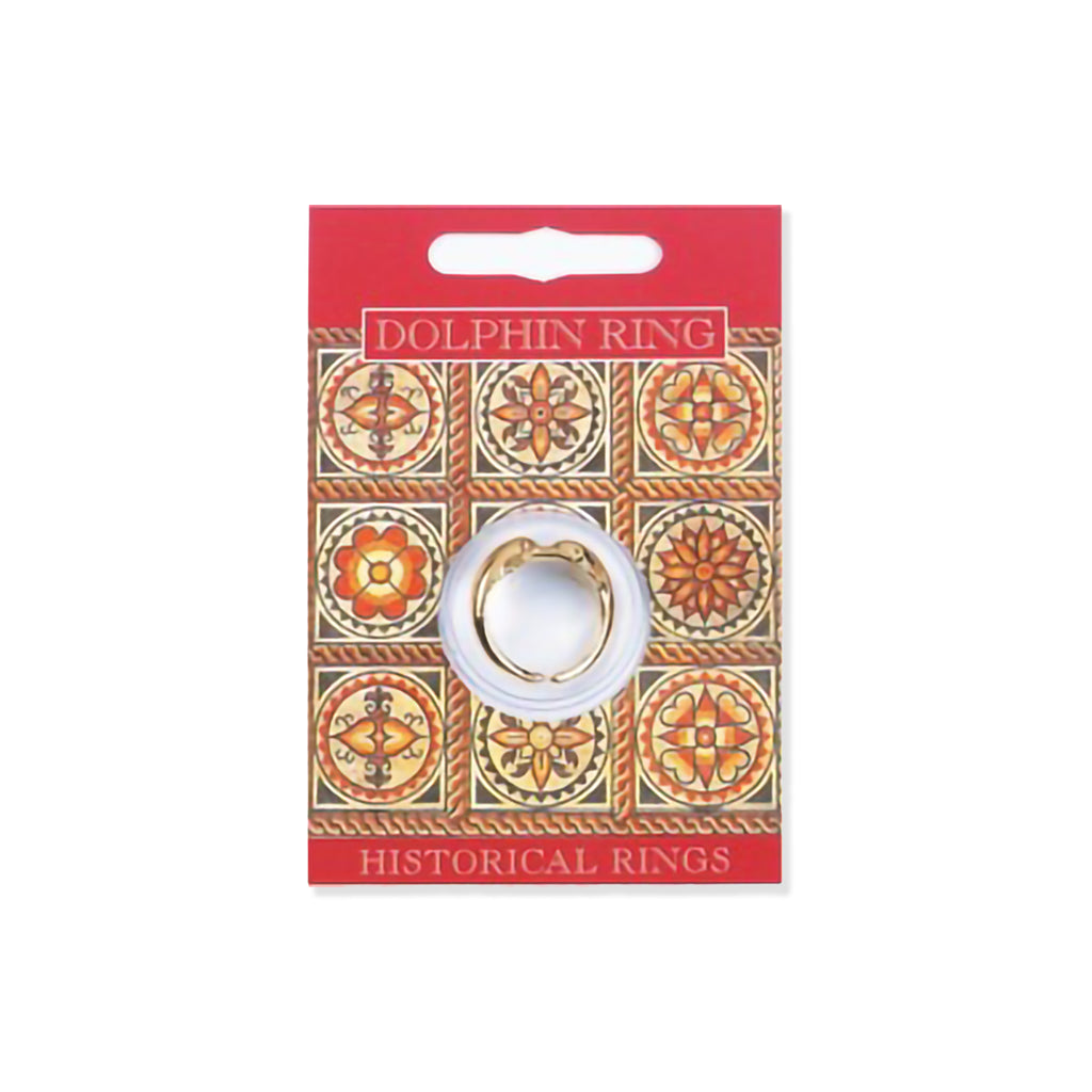 A gold-colored dolphin ring displayed on its red and patterned retail packaging card, which reads 'DOLPHIN RING' and 'HISTORICAL RINGS'.