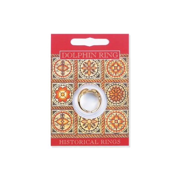 A gold-colored dolphin ring displayed on its red and patterned retail packaging card, which reads 'DOLPHIN RING' and 'HISTORICAL RINGS'.