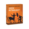 An educational pack of knowledge cards about Greek Mythology featuring a bold orange background with black silhouettes of mythological figures, including a centaur and a monster, and large white and black text reading 'WHAT DO YOU KNOW ABOUT GREEK MYTHOLOGY?'.
