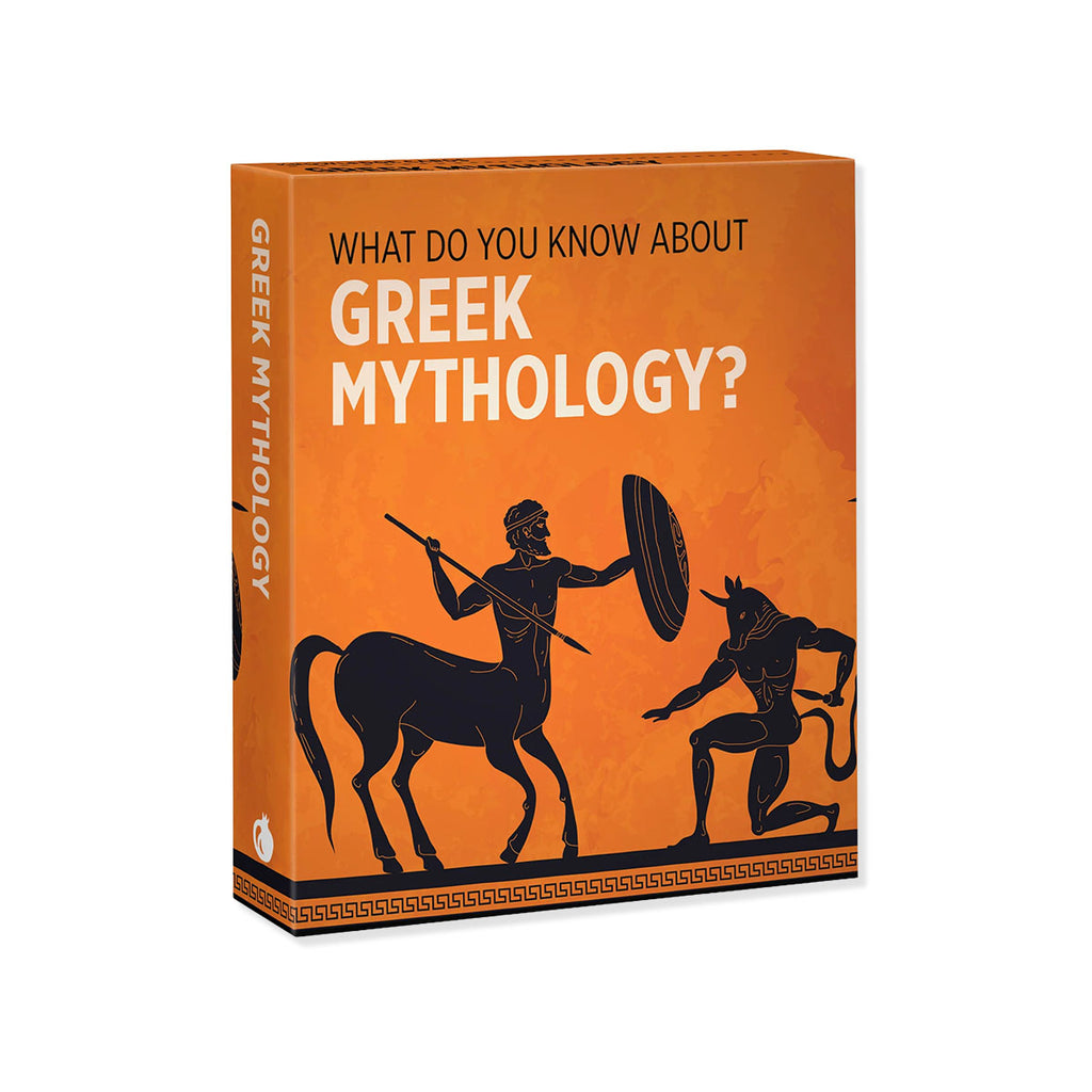 An educational pack of knowledge cards about Greek Mythology featuring a bold orange background with black silhouettes of mythological figures, including a centaur and a monster, and large white and black text reading 'WHAT DO YOU KNOW ABOUT GREEK MYTHOLOGY?'.