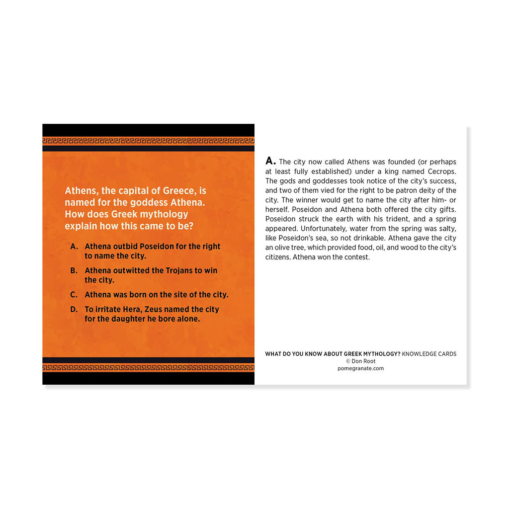 Orange and white Greek Mythology Knowledge Cards insert with multiple choice quiz question how Athens came to be named after goddess Athena, with answer and information on other side on a white background.