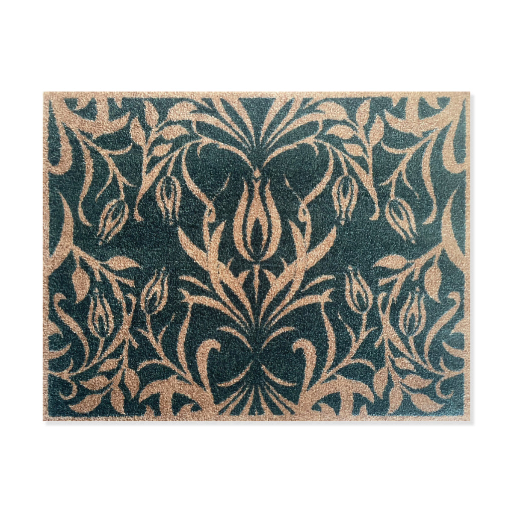 Green and gold colour floor mat with May Morris floral design on a white background