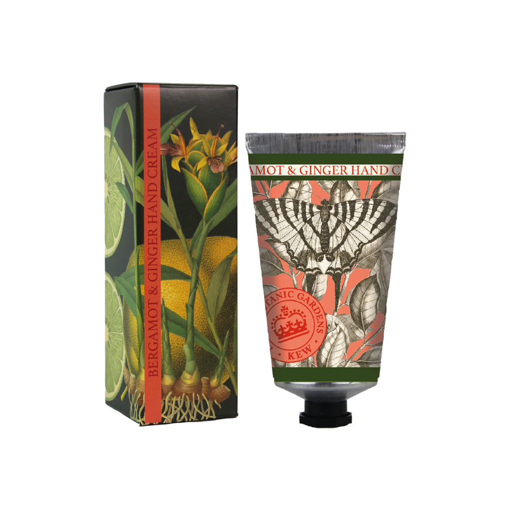 Bergamot and Ginger Hand Cream in a recyclable green and orange aluminium tube