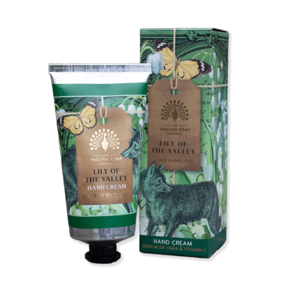 Lily of the Valley fragranced hand cream packaged in aluminium tube with green floral packaging on a white background.