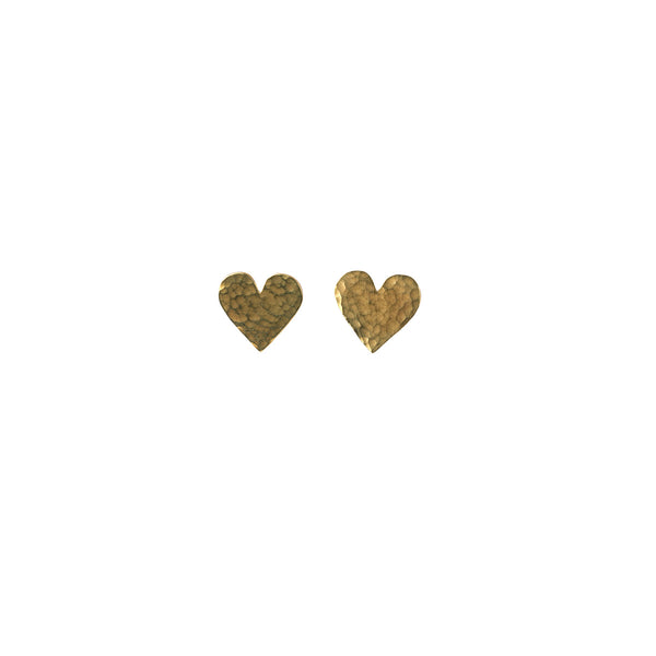 A pair of small textured gold heart-shaped stud earrings on a plain white background.