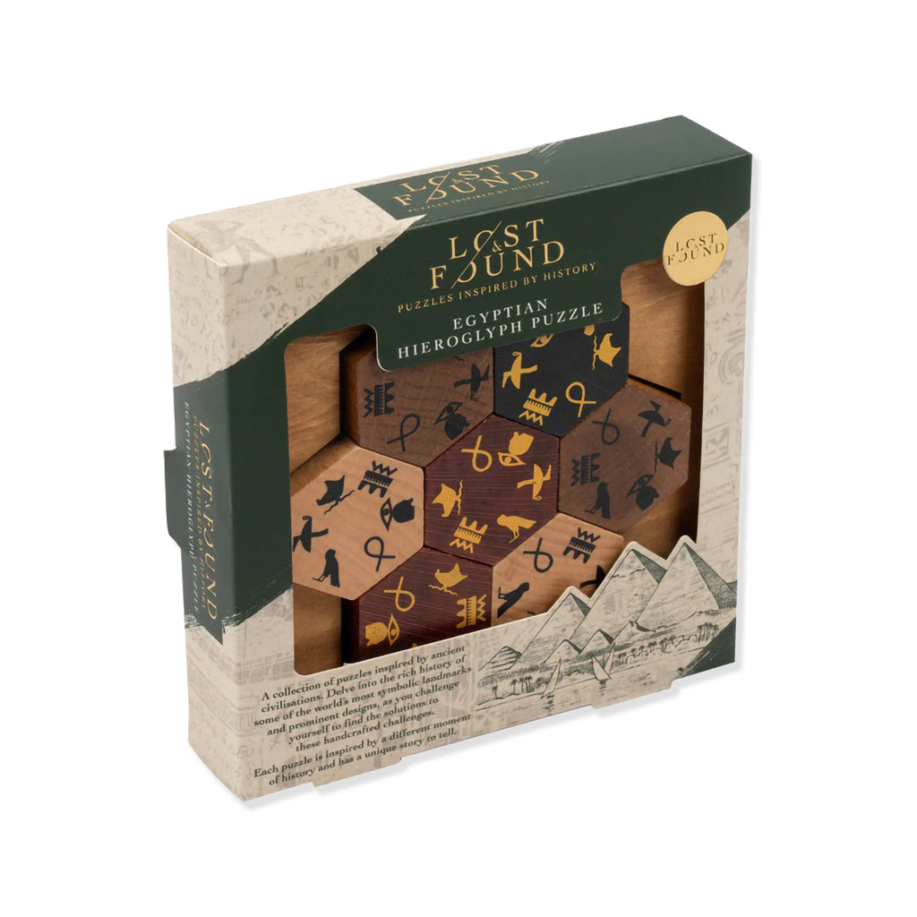 Lost and Found puzzle box featuring Egyptian hieroglyph puzzle pieces on a white background.